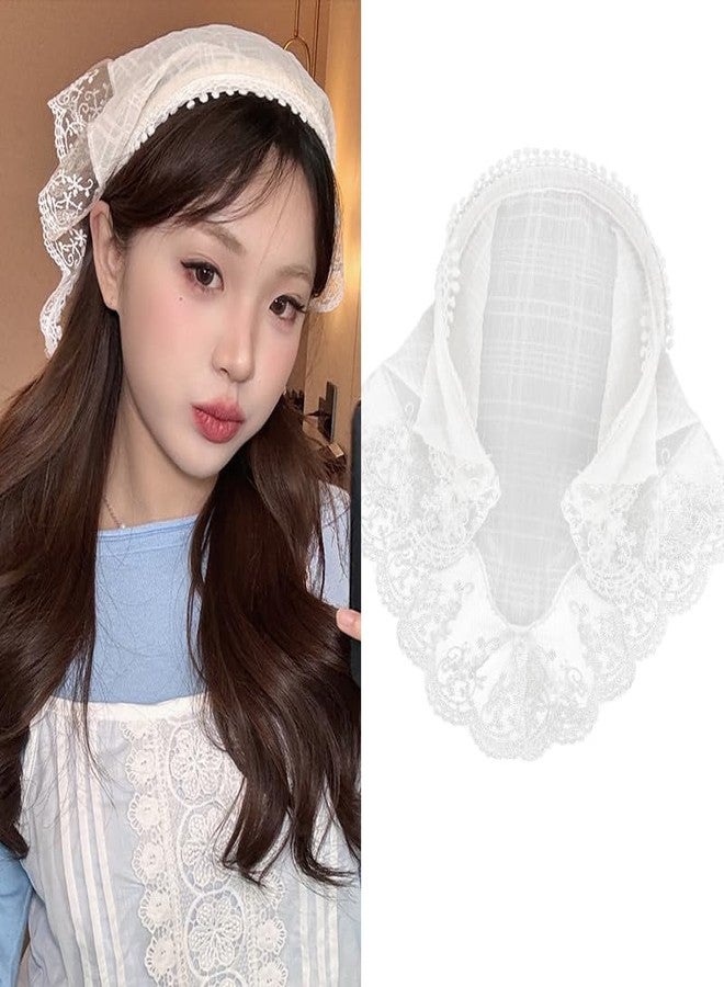 TUCEWP Hair Scarf Headband for Women Girls White Lace Head Kerchief Headband Soft Head Coverings Boho Triangle Bandana Turban Fashion Non Slip Scarves Accessories for Hair Styling Decor - Image 1
